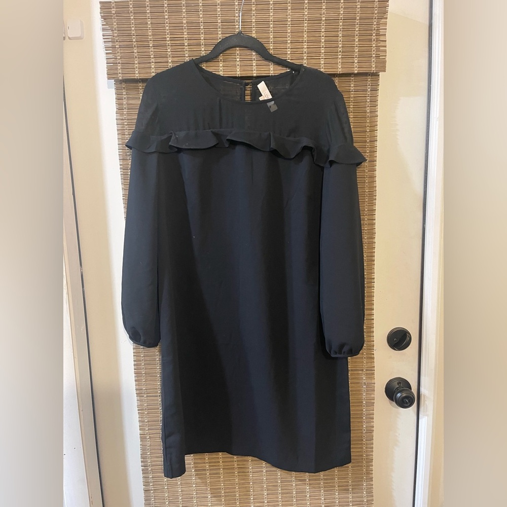 LOFT Black Long Sleeve Dress with Ruffle Detail